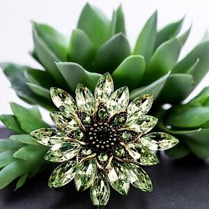 Green Rhinestone Flower Brooch